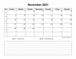 November 2021 Blank Calendar (horizontal, space for notes)