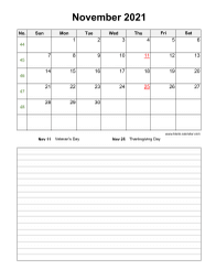November 2021 Blank Calendar (vertical, space for notes)