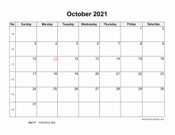 October 2021 Blank Calendar (horizontal)