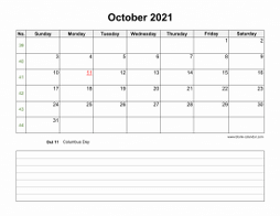 October 2021 Blank Calendar (horizontal, space for notes)