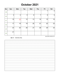 October 2021 Blank Calendar (vertical, space for notes)
