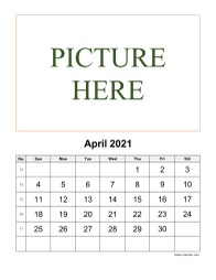 Printable April 2021 Calendar, pictures can be placed at the top (vertical)