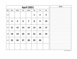 Printable April 2021 Calendar, large space for appointment and notes (horizontal)
