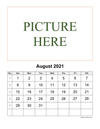 Printable August 2021 Calendar, pictures can be placed at the top (vertical)