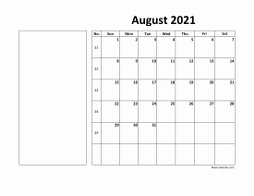 Printable August 2021 Calendar, large box, Federal Holidays listed, space for notes (horizontal)