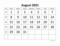 Printable August 2021 Calendar, large font design , holidays on red (horizontal)