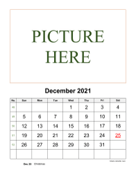 Printable December 2021 Calendar, pictures can be placed at the top (vertical)