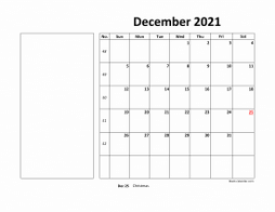 Printable December 2021 Calendar, large box, Federal Holidays listed, space for notes (horizontal)