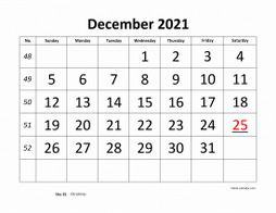 Printable December 2021 Calendar, large font design , holidays on red (horizontal)