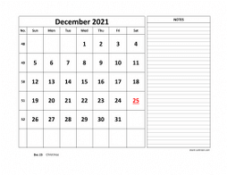 Printable December 2021 Calendar, large space for appointment and notes (horizontal)