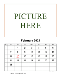 Printable February 2021 Calendar, pictures can be placed at the top