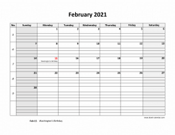 Printable February 2021 Calendar, large box grid, space for notes (horizontal)