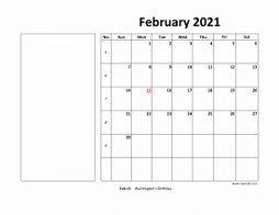 Printable February 2021 Calendar, large box, Federal Holidays listed, space for notes (horizontal)