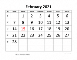 Printable February 2021 Calendar, large font design , holidays on red (horizontal)