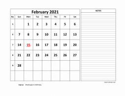 Printable February 2021 Calendar, large space for appointment and notes (horizontal)