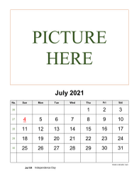 Printable July 2021 Calendar, pictures can be placed at the top