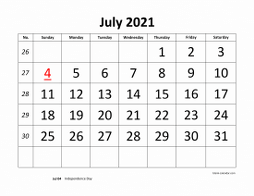 Printable July 2021 Calendar, large font design , holidays on red (horizontal)