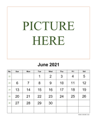 Printable June 2021 Calendar, pictures can be placed at the top