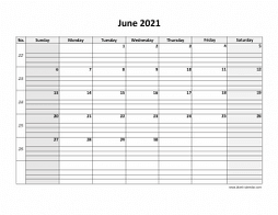 Printable June 2021 Calendar, large box grid, space for notes (horizontal)