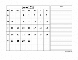 Printable June 2021 Calendar, large space for appointment and notes (horizontal)