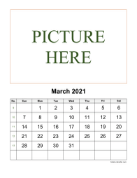 Printable March 2021 Calendar, pictures can be placed at the top