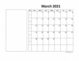 Printable March 2021 Calendar, large box, Federal Holidays listed, space for notes (horizontal)