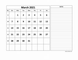 Printable March 2021 Calendar, large space for appointment and notes (horizontal)
