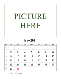 Printable May 2021 Calendar, pictures can be placed at the top