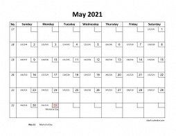 Printable May 2021 Calendar with check boxes (horizontal)