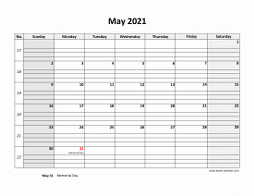 Printable May 2021 Calendar, large box grid, space for notes (horizontal)