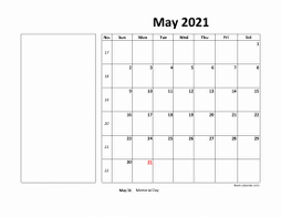 Printable May 2021 Calendar, large box, Federal Holidays listed, space for notes (horizontal)