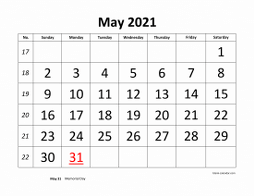 Printable May 2021 Calendar, large font design , holidays on red (horizontal)