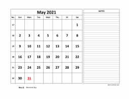 Printable May 2021 Calendar, large space for appointment and notes (horizontal)