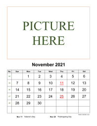 November 2021 printable calendar, pictures can be placed at the top
