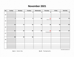 Printable November 2021 Calendar, large box grid, space for notes (horizontal)