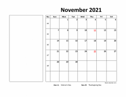 Printable November 2021 Calendar, large box, Federal Holidays listed, space for notes (horizontal)