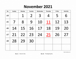 Printable November 2021 Calendar, large font design , holidays on red (horizontal)