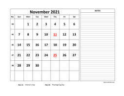 Printable November 2021 Calendar, large space for appointment and notes (horizontal)