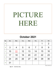 October 2021 printable calendar, pictures can be placed at the top