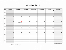 October 2021 printable calendar, large box grid, space for notes
