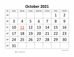 Printable October 2021 Calendar, large font design , holidays on red (horizontal)