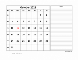 Printable October 2021 Calendar, large space for appointment and notes (horizontal)