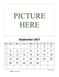 Printable September 2021 Calendar, pictures can be placed at the top