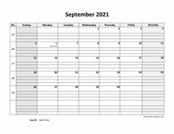 September 2021 printable calendar, large box grid, space for notes