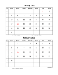 Printable Calendar 2021, 2 months per page, 6 pages (vertical)