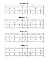 Printable Calendar 2021, 4 months per page, 3 pages (vertical)
