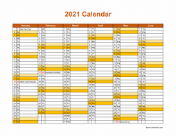 Printable Calendar 2021, month in a column (two pages, half a year per page, horizontal)