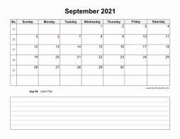 September 2021 Blank Calendar (horizontal, space for notes)