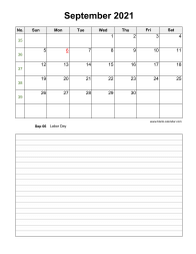 September 2021 Blank Calendar (Space for Notes, Vertical)
