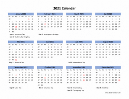 Blank Calendar 2021 (US Holidays, one page, horizontal)
